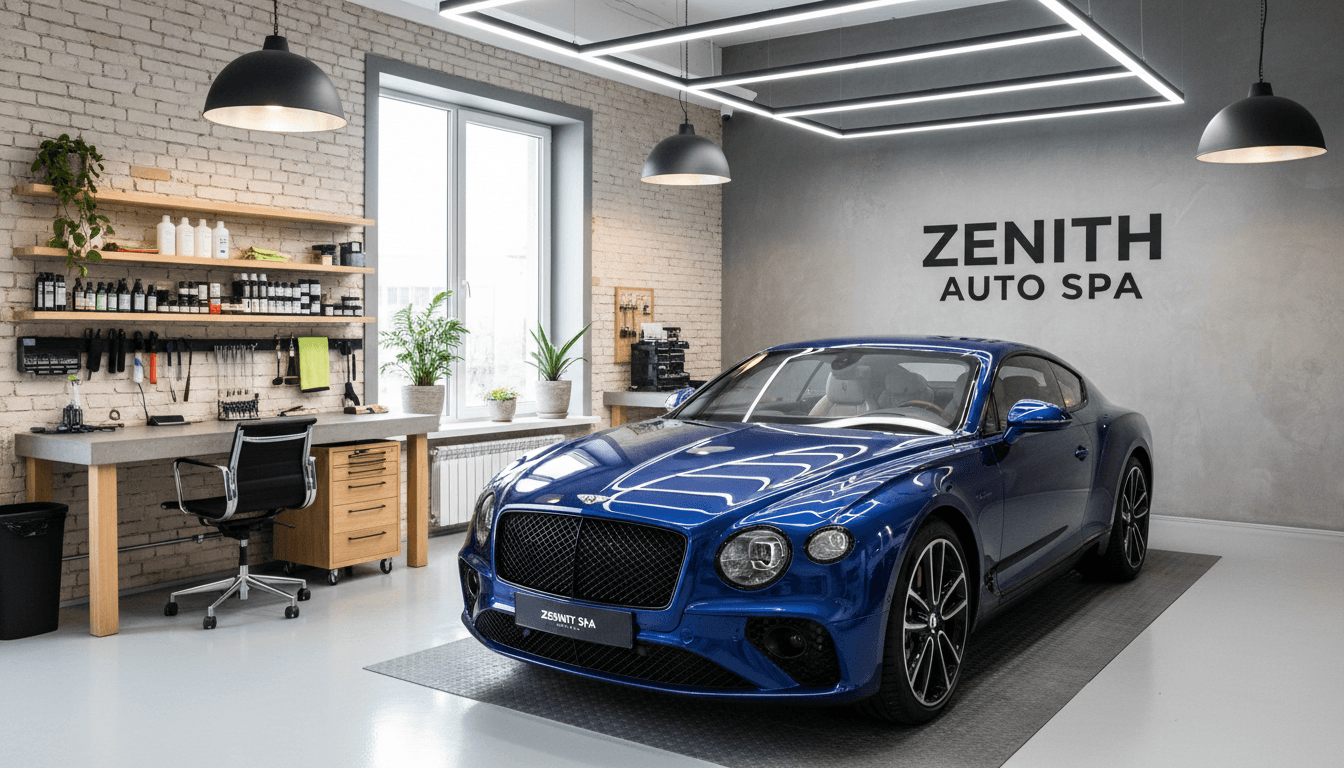 Professional car detailing studio with polished luxury sedan
