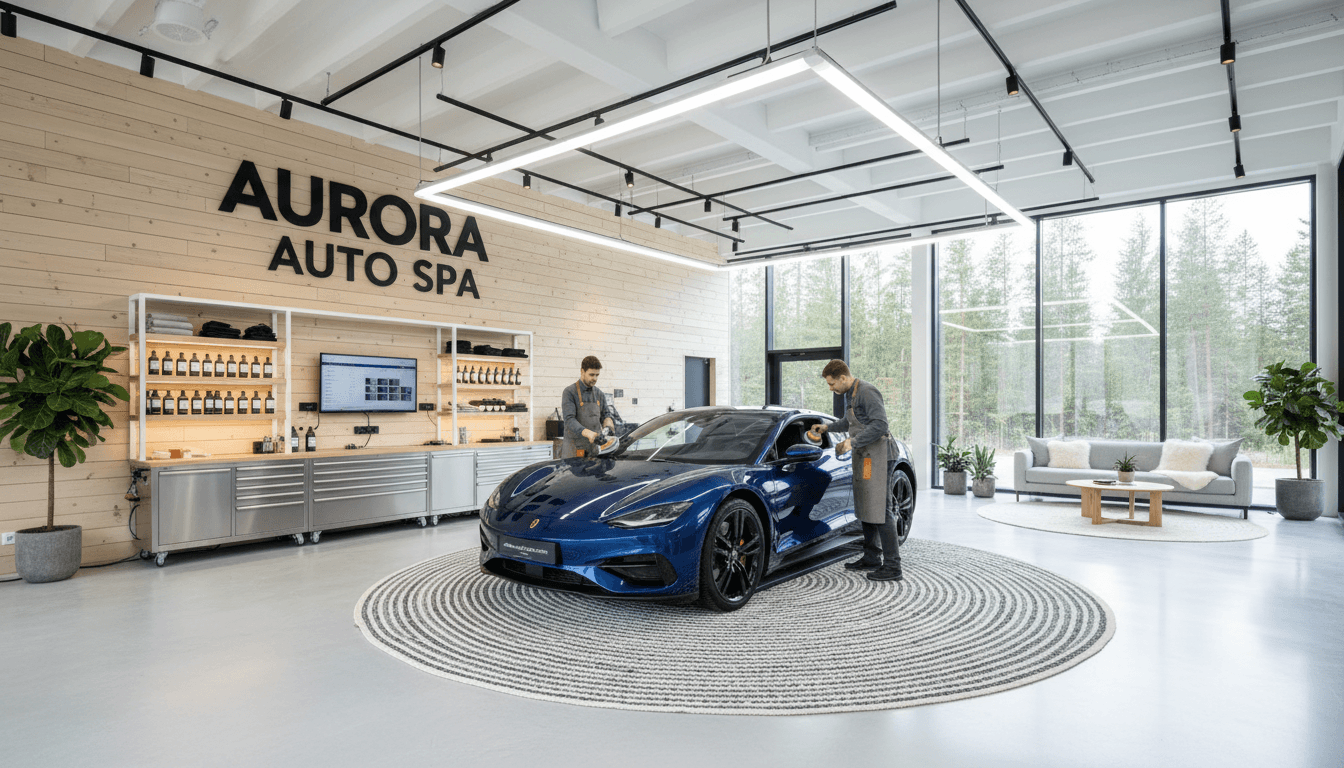 Luxury car detailing studio interior with modern Scandinavian aesthetic