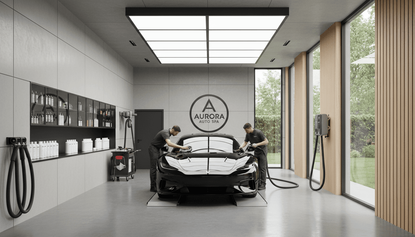 Professional car detailing studio with modern equipment and sleek luxury Scandinavian aesthetic design