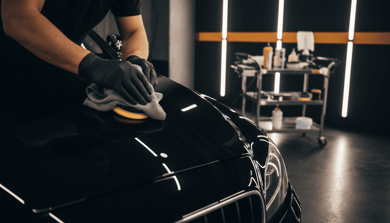 Technician polishing a luxury car hood with professional detailing equipment in a modern automotive studio