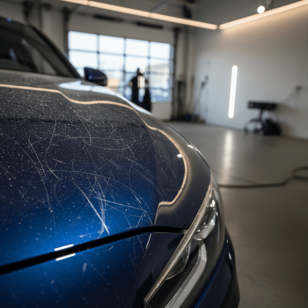 Paint surface before correction showing scratches and swirl marks