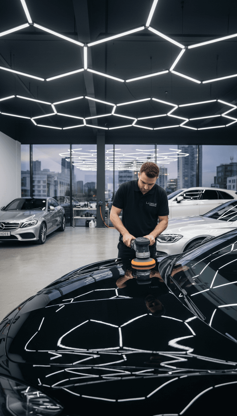 Professional car detailing technician polishing a vehicle with precision equipment