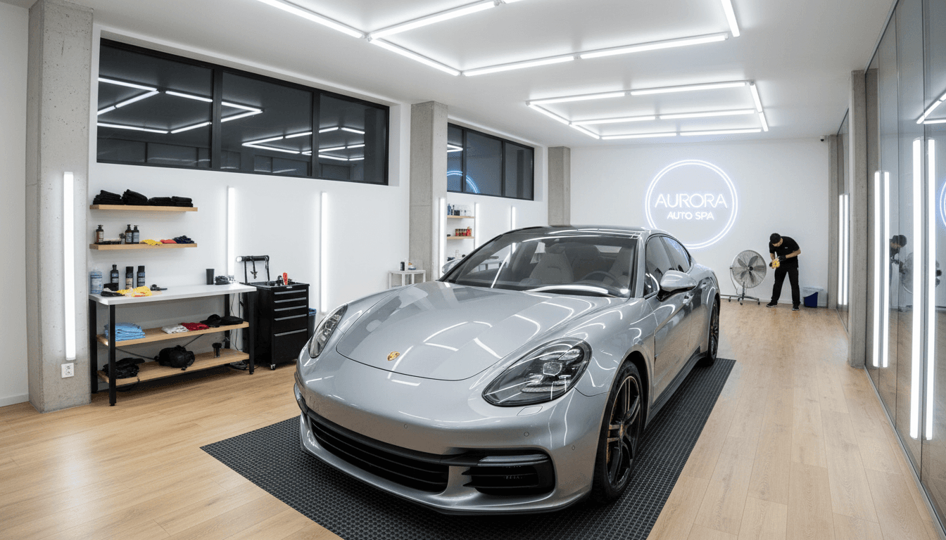 Professional car detailing studio with luxury sedan and modern Scandinavian interior