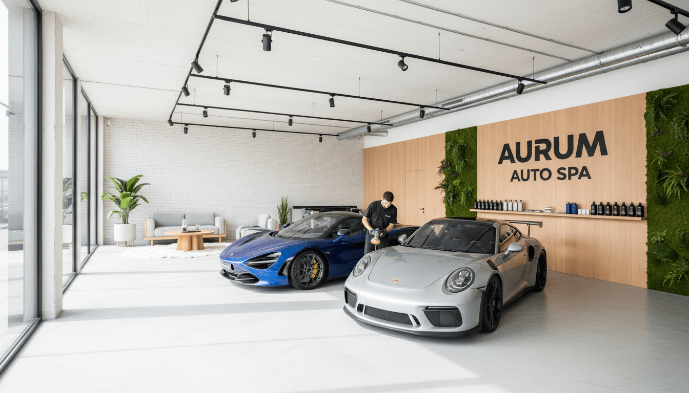 Premium car detailing studio with modern Scandinavian design and professional equipment